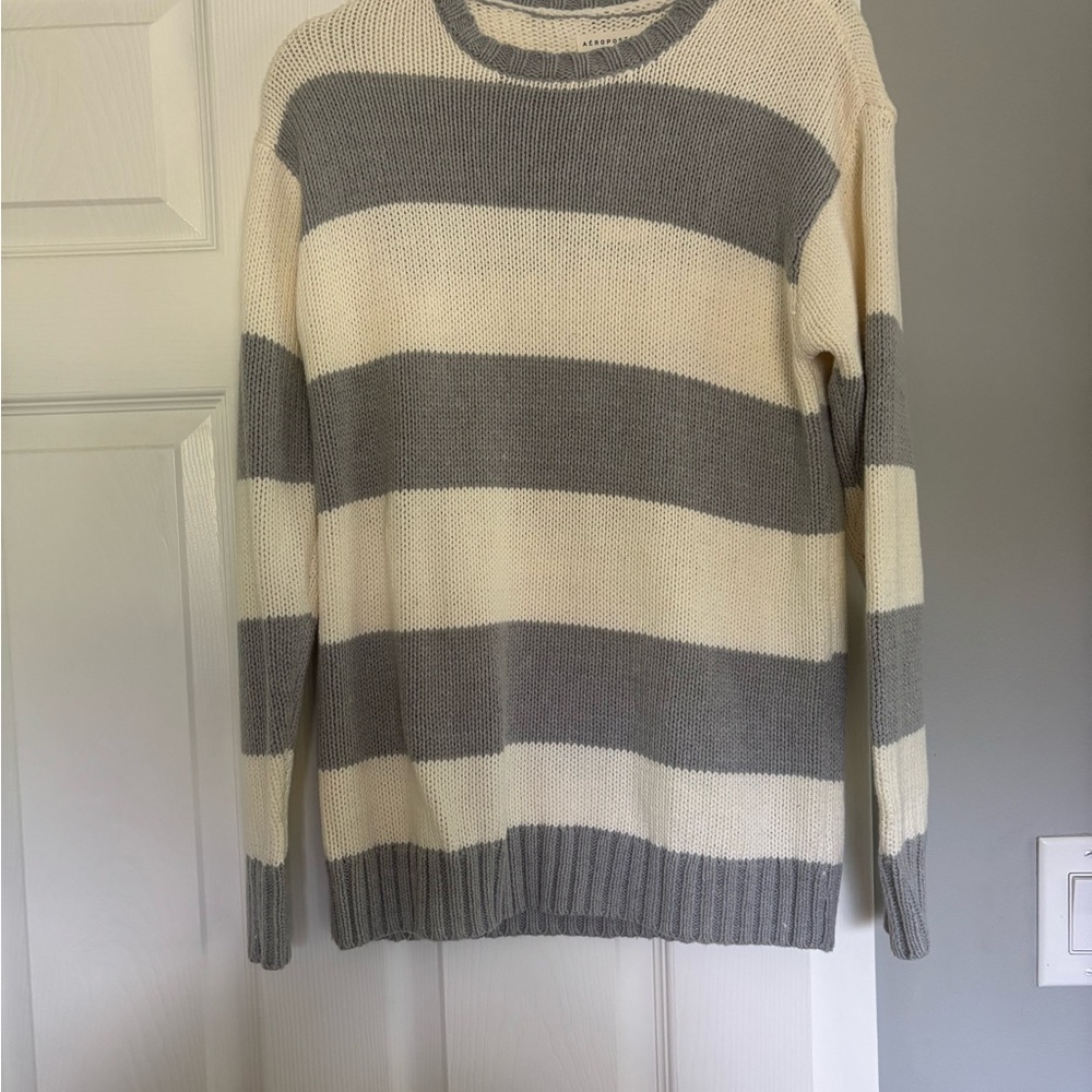 Aeropostale Gray and Cream Striped Sweater